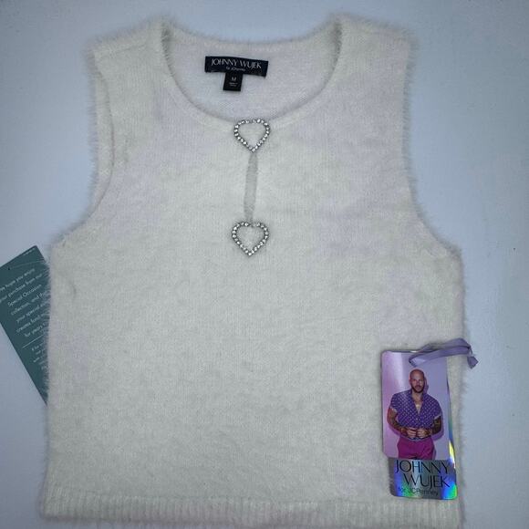 JCPenny Juniors Fuzzy Knit Top Medium Cream Rhinestone Heart Closure NEW - Picture 3 of 9